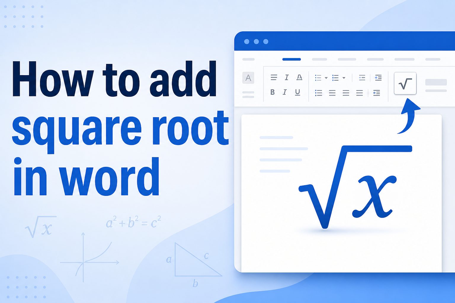 Microsoft Word document showing the square root symbol insertion options